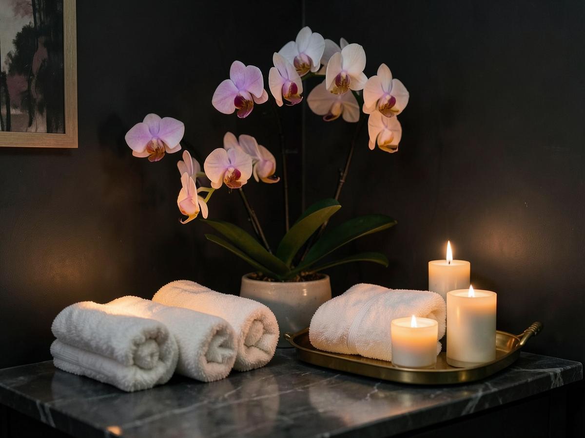 Cream towels, candles and an orchid on a dark marble spa counter