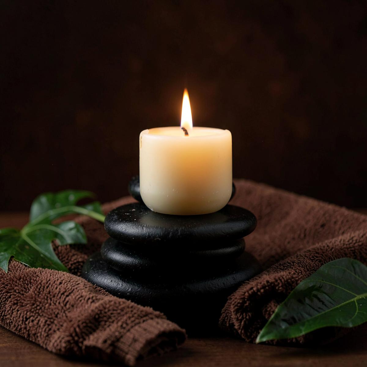 Black spa stones with a lit candle on a warm brown towel
